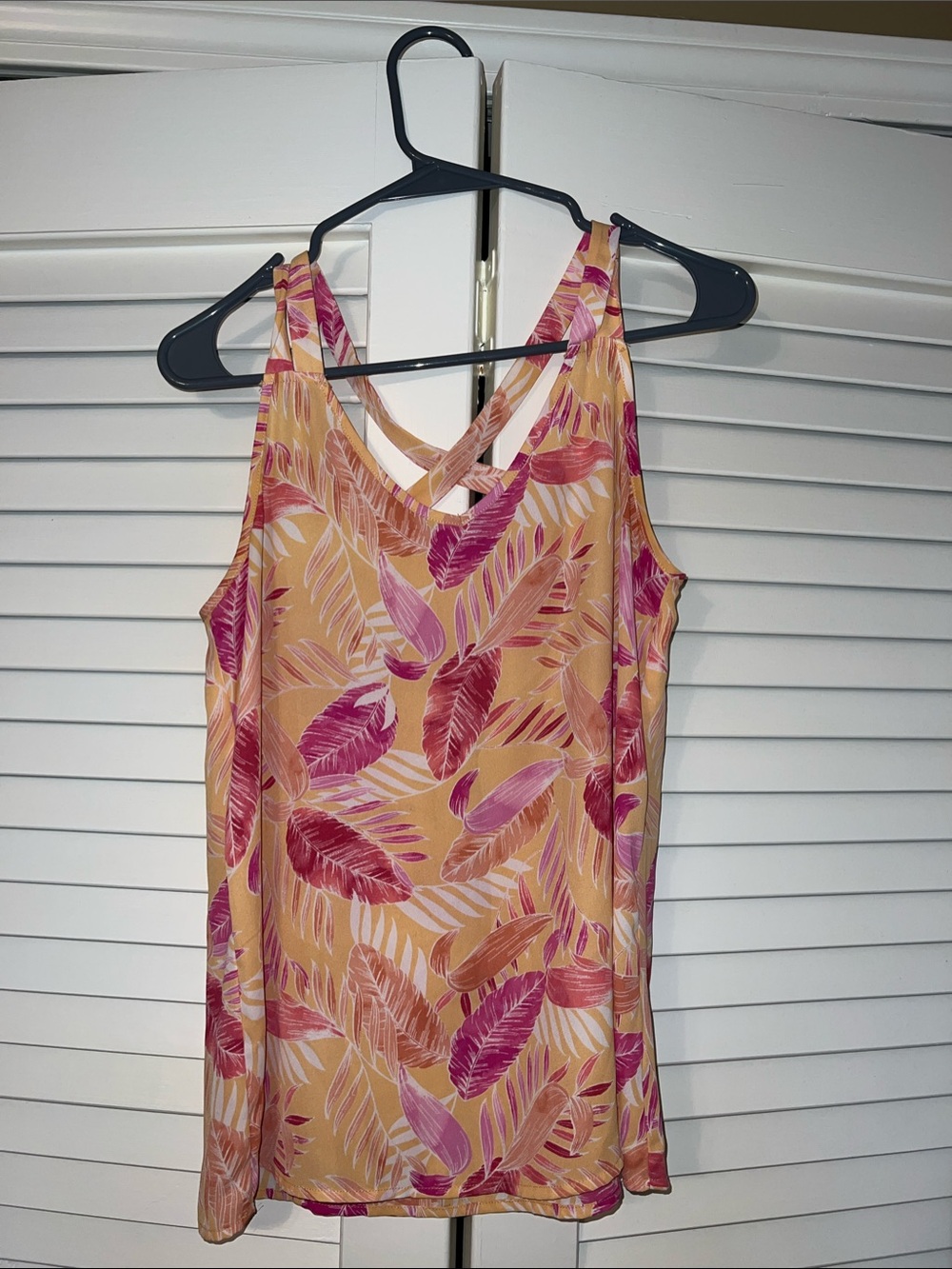 Pink Rose Blouse Tank with Pink Leaf Print and Crossed Back Straps